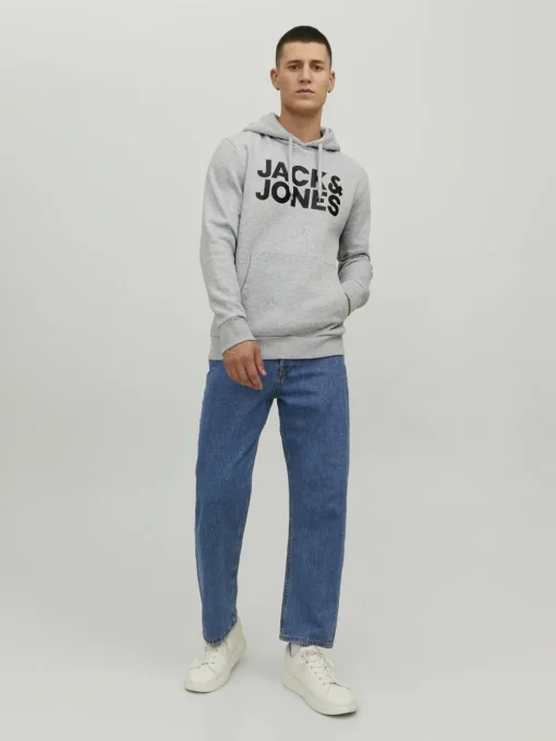 JACK & JONES Corp logo sweat hood regular fit, heren hoodie katoenmengsel met capuchon, lichtgrijs melange grote print