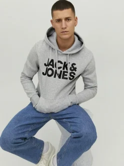 JACK & JONES Corp logo sweat hood regular fit, heren hoodie katoenmengsel met capuchon, lichtgrijs melange grote print