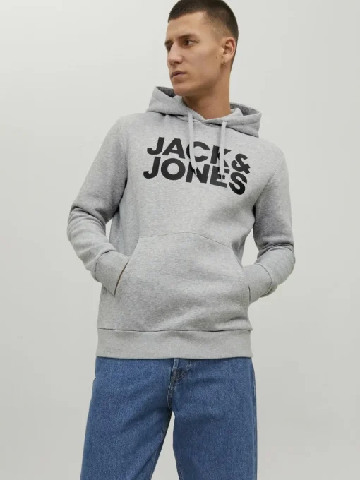 JACK & JONES Corp logo sweat hood regular fit, heren hoodie katoenmengsel met capuchon, lichtgrijs melange grote print