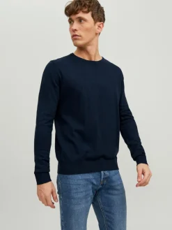 JACK & JONES Emil knit crew neck slim fit, heren pullover viscosemengsel met O-hals, blauw