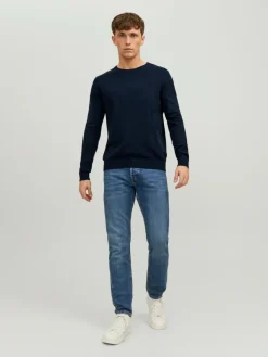 JACK & JONES Emil knit crew neck slim fit, heren pullover viscosemengsel met O-hals, blauw
