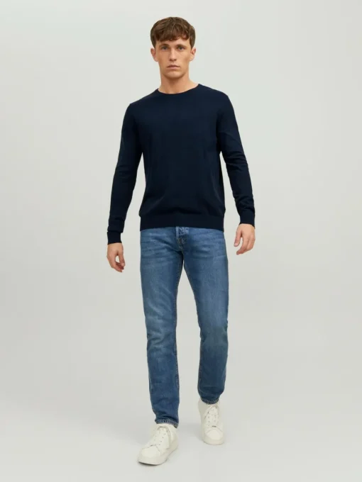 JACK & JONES Emil knit crew neck slim fit, heren pullover viscosemengsel met O-hals, blauw