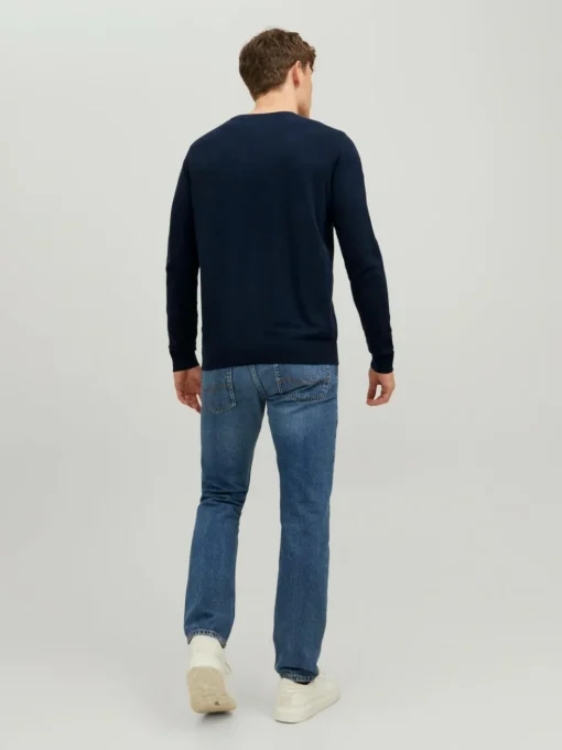 JACK & JONES Emil knit crew neck slim fit, heren pullover viscosemengsel met O-hals, blauw