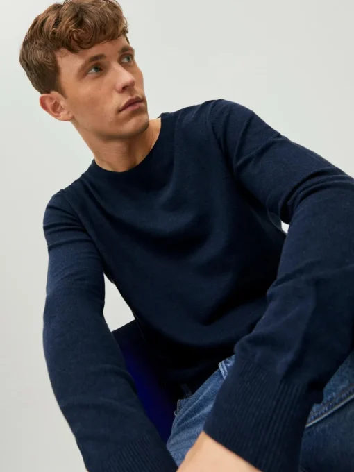 JACK & JONES Emil knit crew neck slim fit, heren pullover viscosemengsel met O-hals, blauw