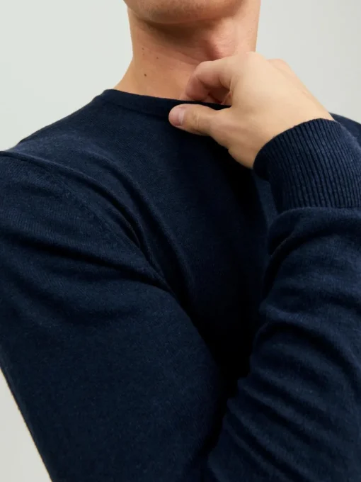 JACK & JONES Emil knit crew neck slim fit, heren pullover viscosemengsel met O-hals, blauw