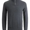 JACK & JONES Emil knit half zip slim fit, heren schipperstrui viscosemengsel met opstaande boord, donkergrijs melange
