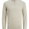 JACK & JONES Emil knit half zip slim fit, heren schipperstrui viscosemengsel met opstaande boord, beige melange