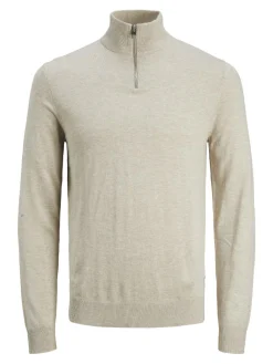 JACK & JONES Emil knit half zip slim fit, heren schipperstrui viscosemengsel met opstaande boord, beige melange