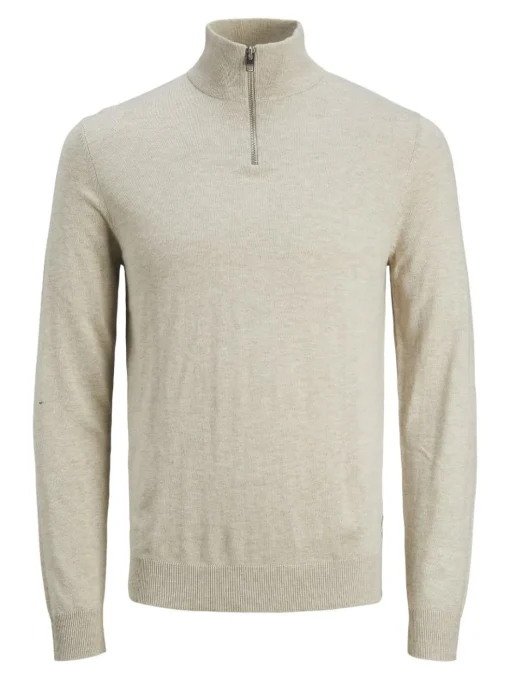 JACK & JONES Emil knit half zip slim fit, heren schipperstrui viscosemengsel met opstaande boord, beige melange