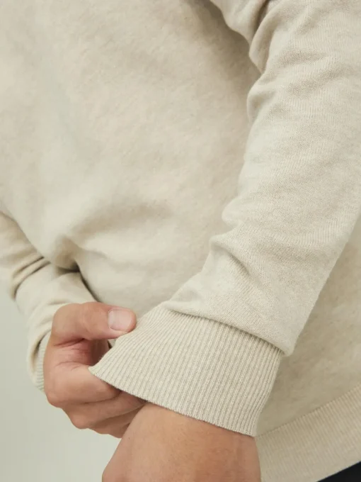 JACK & JONES Emil knit half zip slim fit, heren schipperstrui viscosemengsel met opstaande boord, beige melange