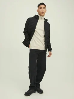 JACK & JONES Emil knit half zip slim fit, heren schipperstrui viscosemengsel met opstaande boord, beige melange