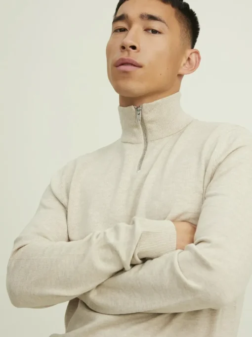 JACK & JONES Emil knit half zip slim fit, heren schipperstrui viscosemengsel met opstaande boord, beige melange