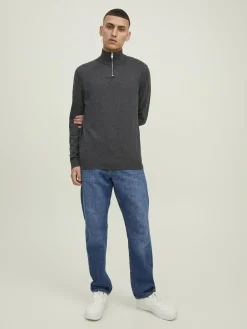 JACK & JONES Emil knit half zip slim fit, heren schipperstrui viscosemengsel met opstaande boord, donkergrijs melange