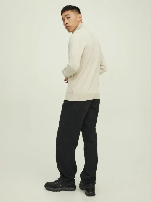 JACK & JONES Emil knit half zip slim fit, heren schipperstrui viscosemengsel met opstaande boord, beige melange