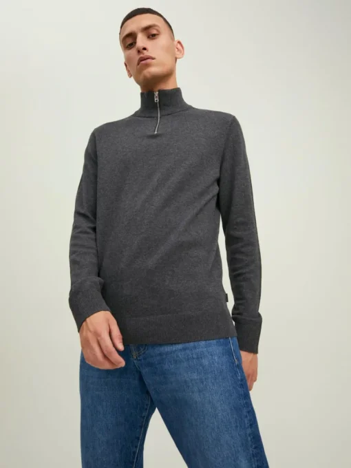 JACK & JONES Emil knit half zip slim fit, heren schipperstrui viscosemengsel met opstaande boord, donkergrijs melange