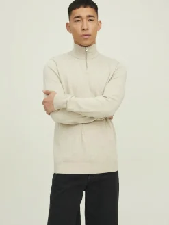 JACK & JONES Emil knit half zip slim fit, heren schipperstrui viscosemengsel met opstaande boord, beige melange