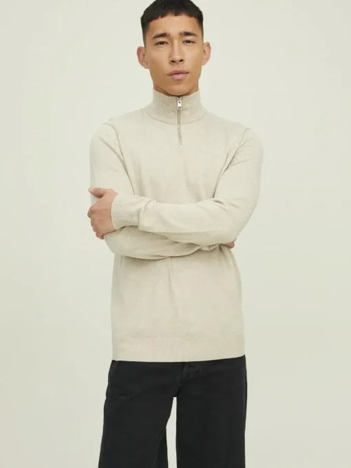 JACK & JONES Emil knit half zip slim fit, heren schipperstrui viscosemengsel met opstaande boord, beige melange