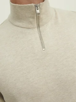 JACK & JONES Emil knit half zip slim fit, heren schipperstrui viscosemengsel met opstaande boord, beige melange