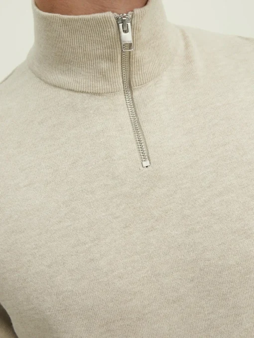 JACK & JONES Emil knit half zip slim fit, heren schipperstrui viscosemengsel met opstaande boord, beige melange