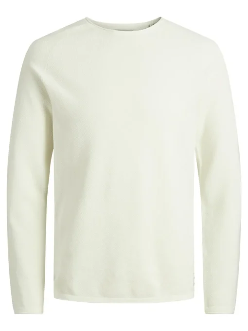 JACK & JONES Hill knit crew neck slim fit, heren pullover katoen met O-hals, offwhite