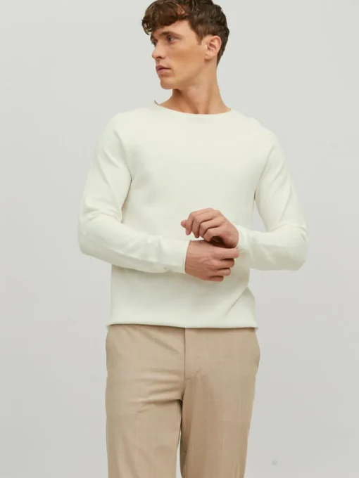 JACK & JONES Hill knit crew neck slim fit, heren pullover katoen met O-hals, offwhite
