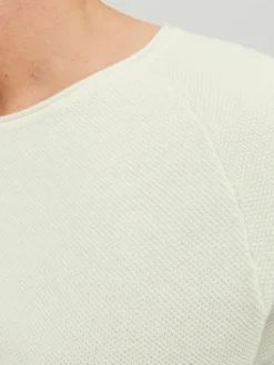 JACK & JONES Hill knit crew neck slim fit, heren pullover katoen met O-hals, offwhite