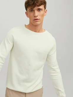 JACK & JONES Hill knit crew neck slim fit, heren pullover katoen met O-hals, offwhite