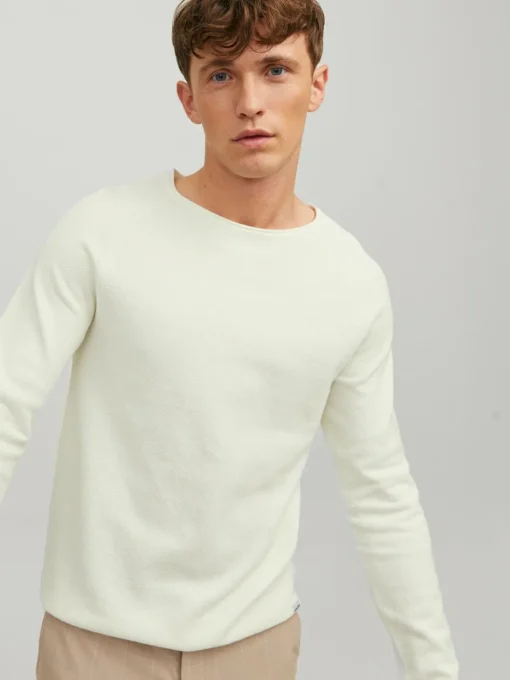 JACK & JONES Hill knit crew neck slim fit, heren pullover katoen met O-hals, offwhite