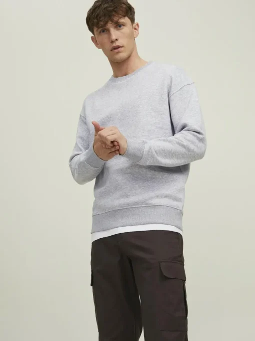 JACK & JONES Star basic sweat crew neck regular fit, heren sweatshirt katoenmengsel met O-hals, lichtgrijs melange