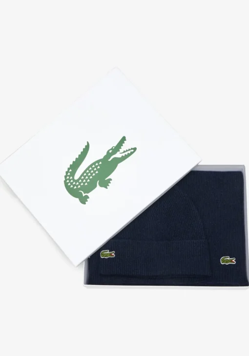 Lacoste muts en sjaal wol, unisex gebreide muts en sjaal, donkerblauw