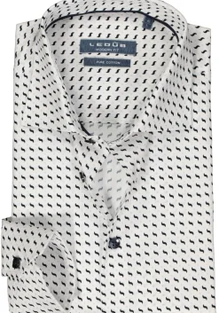 Ledub modern fit overhemd, wit met blauw en beige dessin