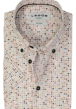 Ledub modern fit overhemd, korte mouw, popeline, wit met bruin en blauw dessin