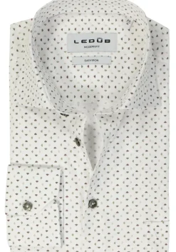 Ledub modern fit overhemd, popeline, wit met groen dessin