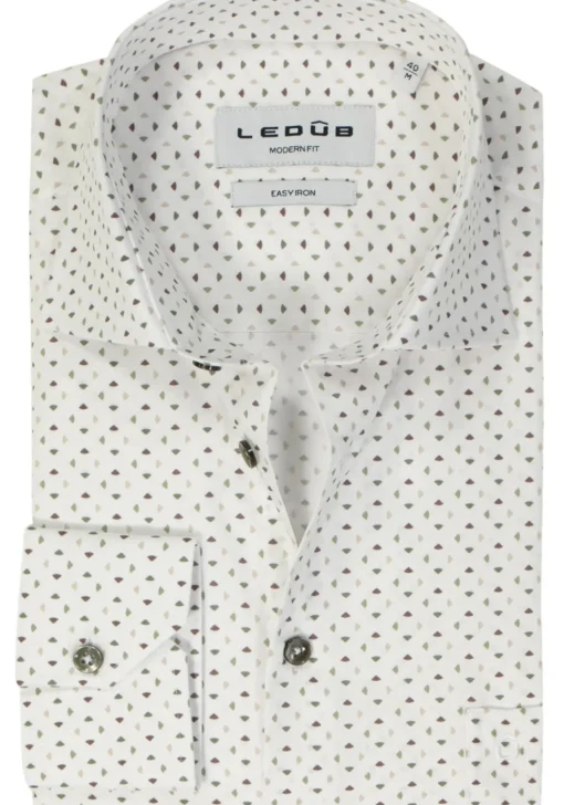 Ledub modern fit overhemd, popeline, wit met groen dessin