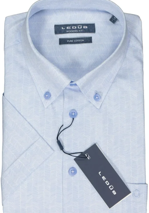 Ledub modern fit overhemd, korte mouw, popeline, lichtblauw met wit dessin