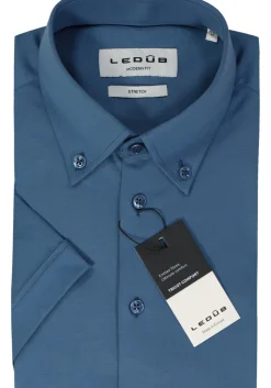 Ledub modern fit overhemd, korte mouw, popeline, middenblauw