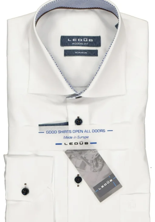 Ledub Modern Fit overhemd, wit twill (contrast)