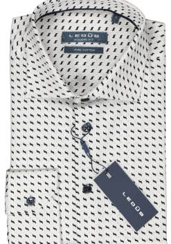 Ledub modern fit overhemd, wit met blauw en beige dessin