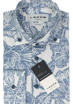 Ledub modern fit overhemd, popeline, middenblauw met wit dessin