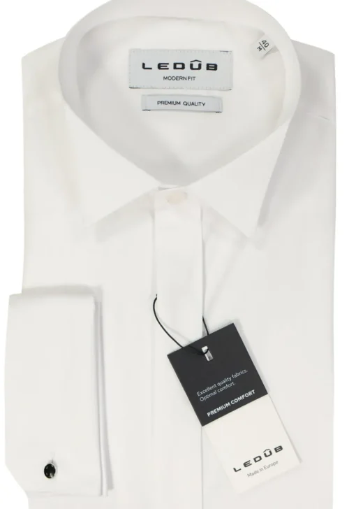 Ledub modern fit smoking overhemd, dubbele manchet en wing kraag, wit