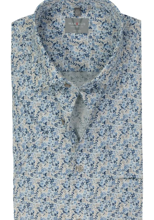 MARVELIS comfort fit overhemd, korte mouw, popeline, lichtblauw dessin
