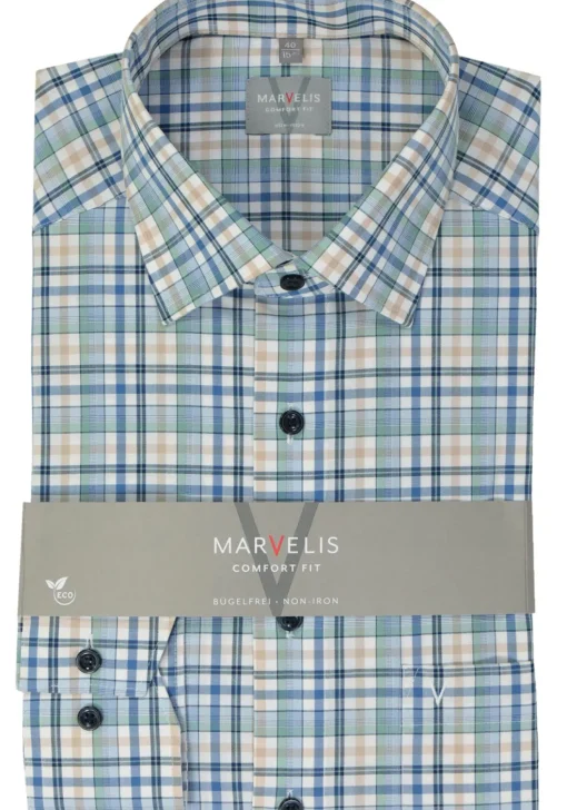 MARVELIS comfort fit overhemd, popeline, groen geruit