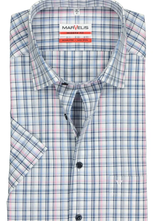 MARVELIS modern fit overhemd, korte mouw, popeline, wit met blauw en roze geruit