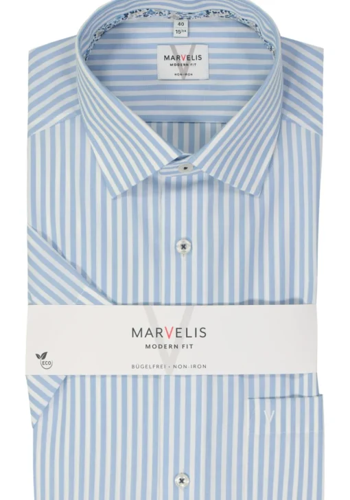 MARVELIS modern fit overhemd, korte mouw, popeline, lichtblauw gestreept