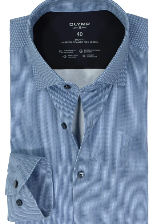 OLYMP 24/7 Level 5 body fit overhemd, tricot, blauw dessin