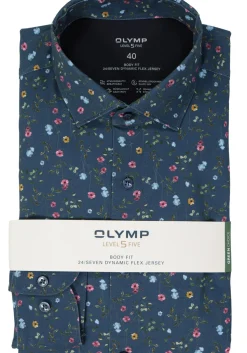 OLYMP 24/7 Level 5 body fit overhemd, tricot, rookblauw dessin