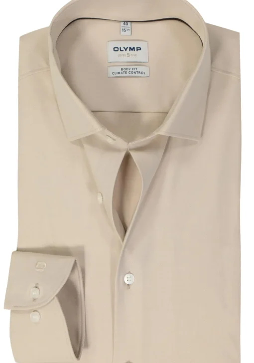 OLYMP 24/7 Level 5 body fit overhemd, mouwlengte 7, twill, beige