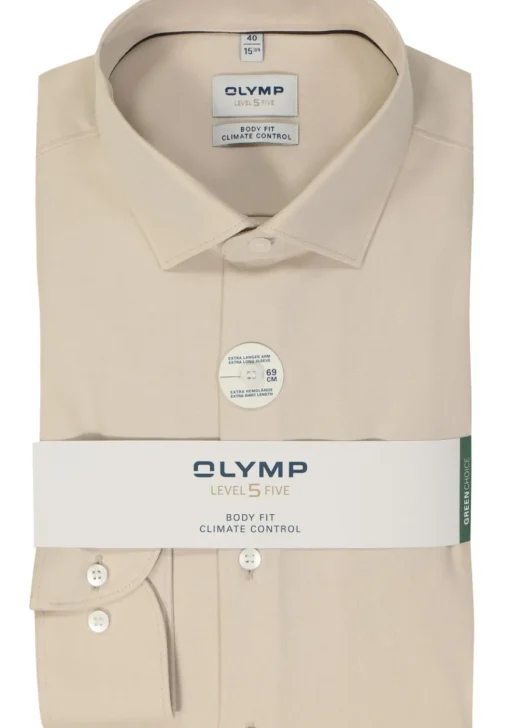 OLYMP 24/7 Level 5 body fit overhemd, mouwlengte 7, twill, beige