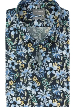 OLYMP comfort fit overhemd, korte mouw, popeline, donkerblauw met groen, geel en lichtblauw bloemen dessin
