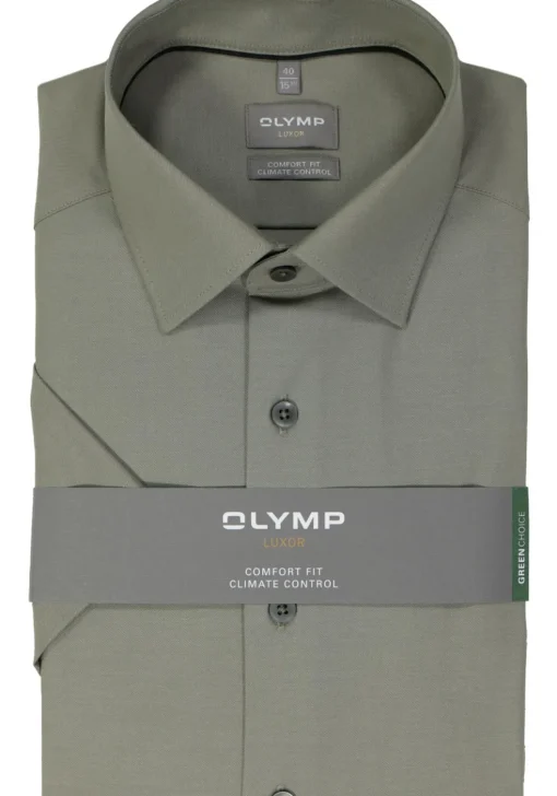 OLYMP comfort fit overhemd, korte mouw, twill, grijsgroen